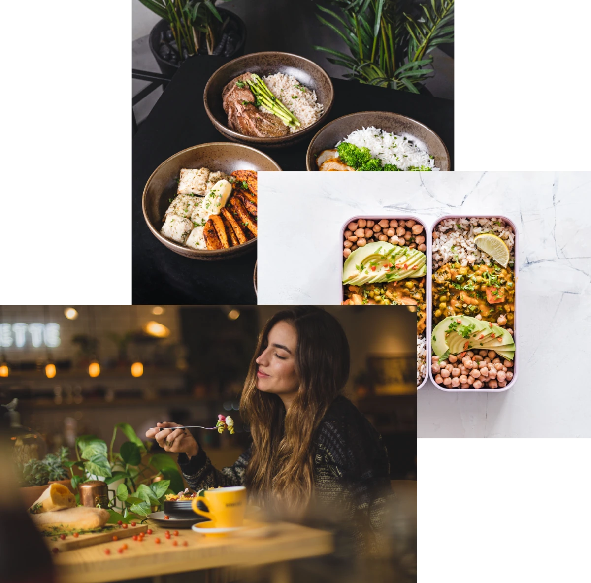 Woman enjoying foor, meals in storage container, and food bowls on a table